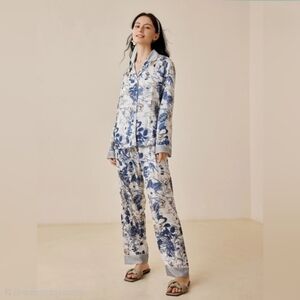 Luvlette Satin Pajama Set - Floral Ink Print Button Up & Pants
